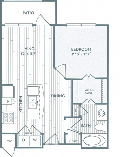 Floor plan for 1 bed, 1 bath, 667 sqft